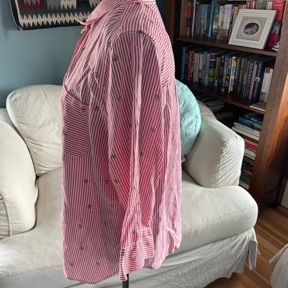 Chicos Red stripe linen blouse with bee print sz 14 - Picture 4 of 7